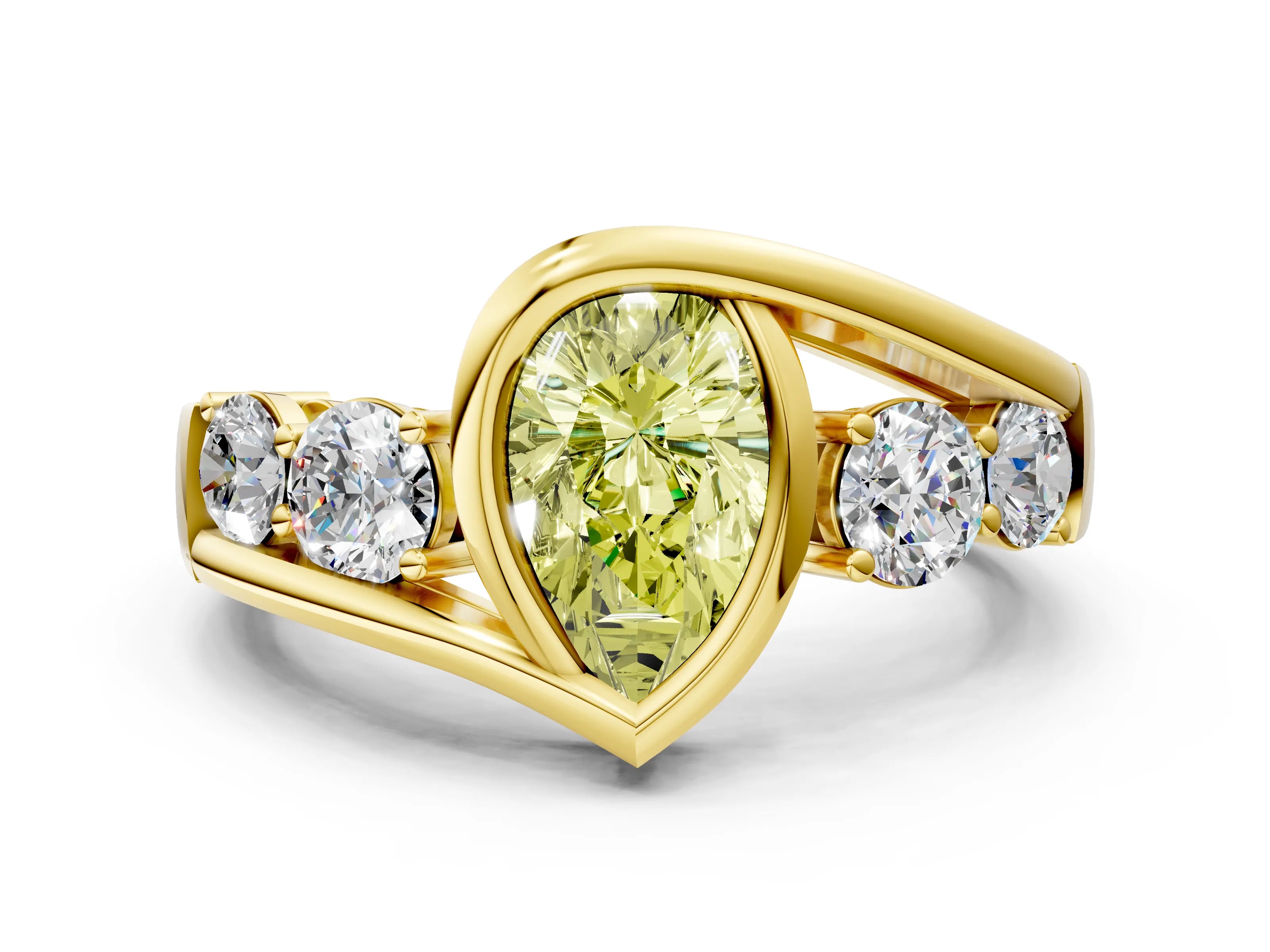 Yellow gold Bezel Set Fancy Yellow Pear Cut Diamond Split Shank Ring