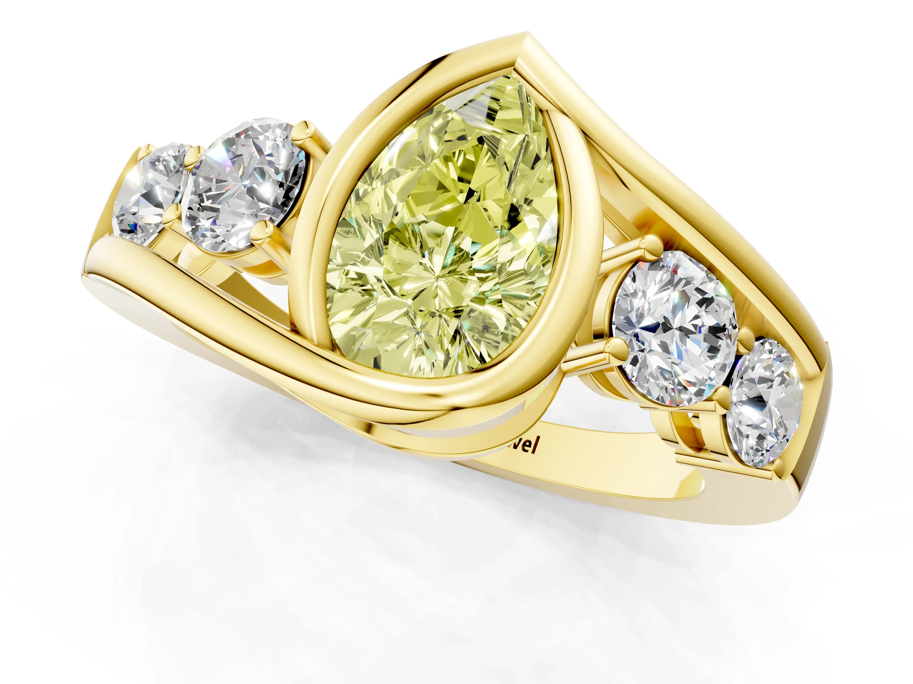 Yellow gold Bezel Set Fancy Yellow Pear Cut Diamond Split Shank Ring_1