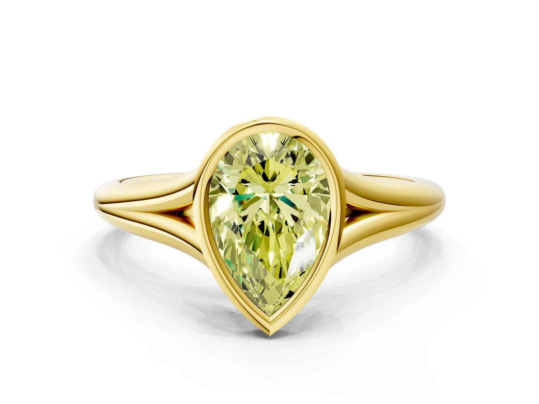 Yellow gold Bezel Set Fancy Yellow Pear  Cut Solitaire Ring with Tapered Band