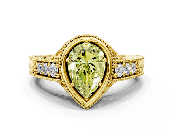 Yellow gold Bezel Set Fancy Yellow Pear  Diamond Milgrain Pave Engagement Ring