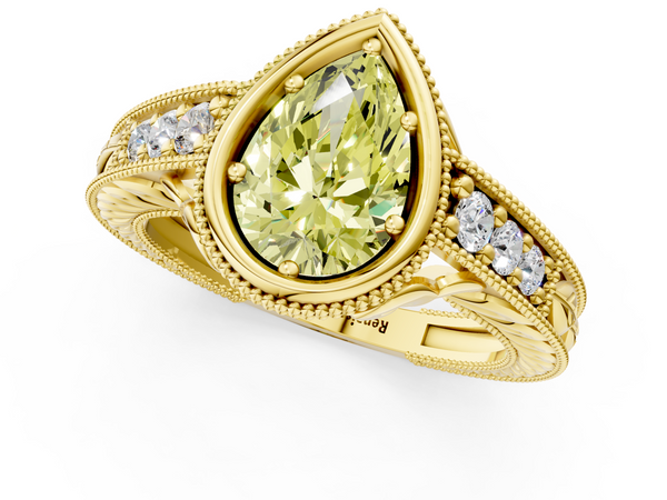 Yellow gold Bezel Set Fancy Yellow Pear  Diamond Milgrain Pave Engagement Ring
