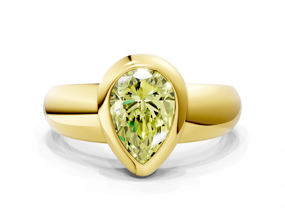 Yellow gold Bezel Set Fancy Yellow Pear  Solitaire Ring with Wide Band