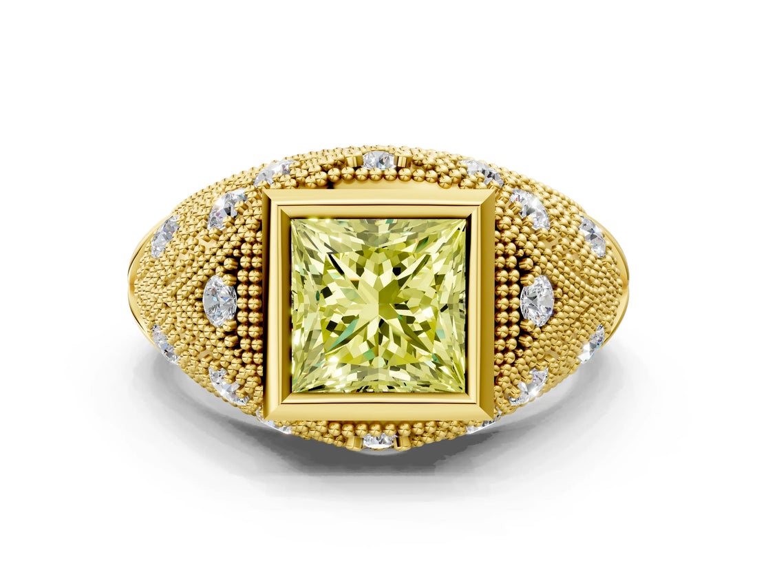 Yellow gold Bezel Set Fancy Yellow Princess Cut Diamond Milgrain Band Ring