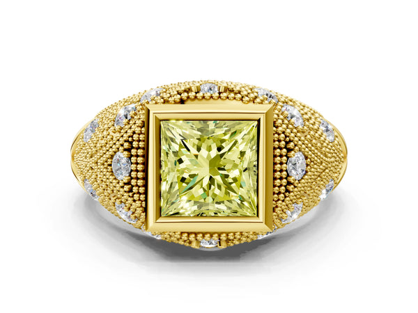 Yellow Gold Princess Cut Vintage Bezel Engagement Ring Setting for Fancy Yellow Center with Milgrain