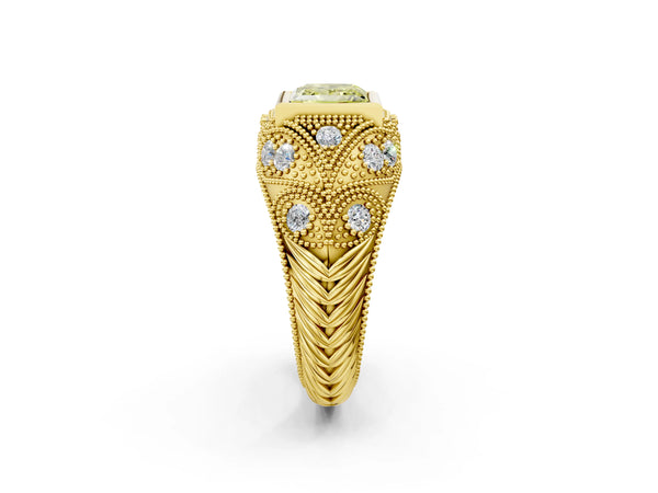 Yellow Gold Princess Cut Vintage Bezel Engagement Ring Setting for Fancy Yellow Center with Milgrain