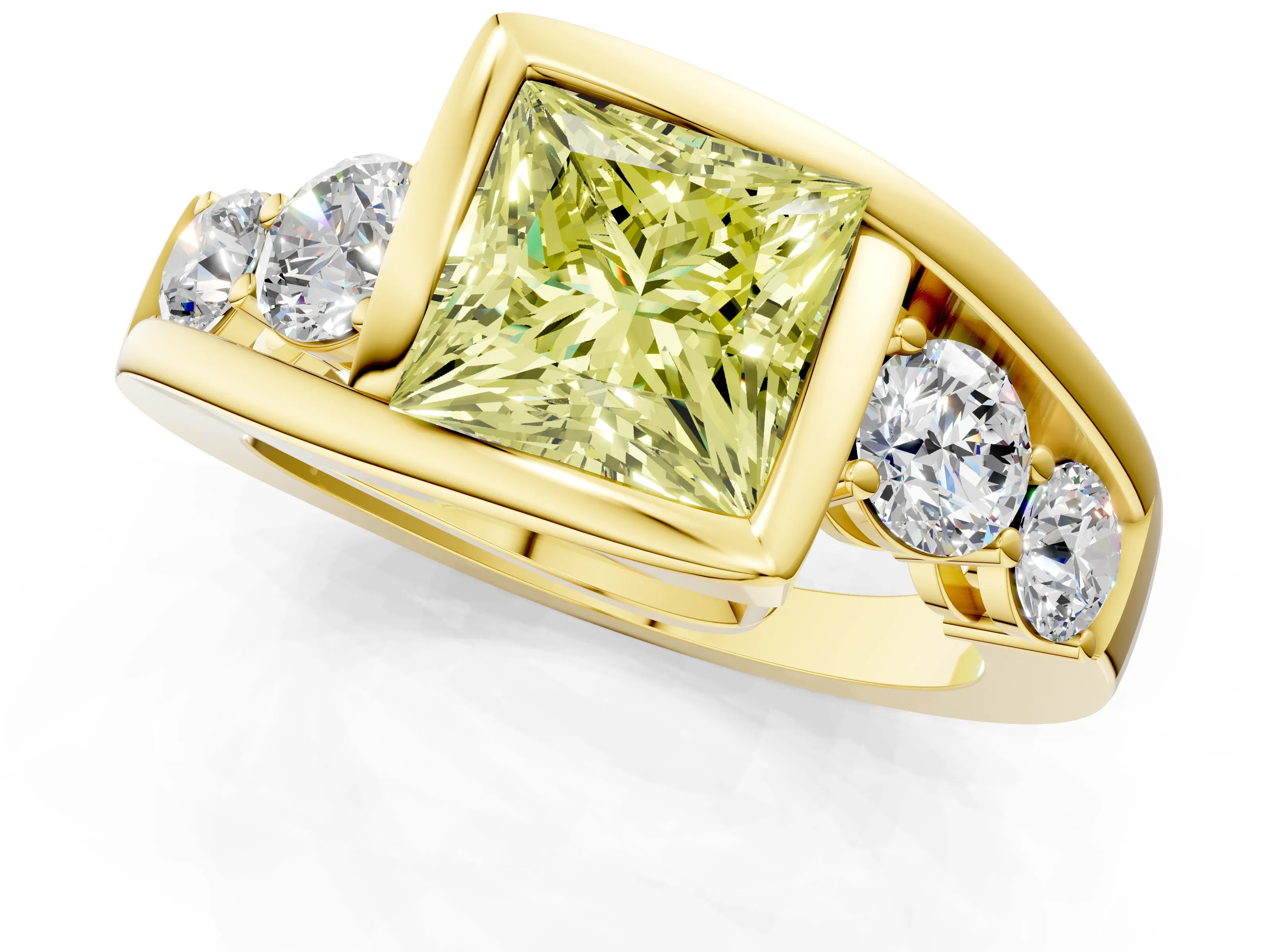 Yellow gold Bezel Set Fancy Yellow Princess Cut Diamond Split Shank Ring_1