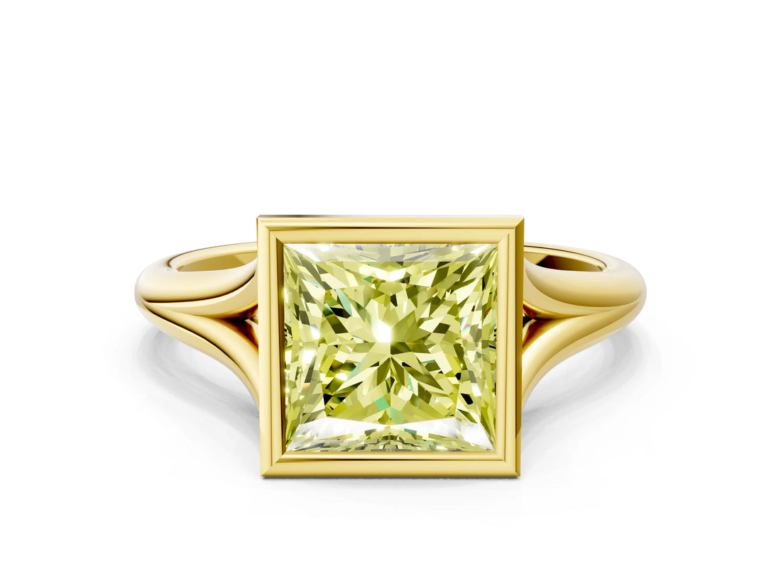 Yellow gold Bezel Set Fancy Yellow Princess  Cut Solitaire Ring with Tapered Band 1