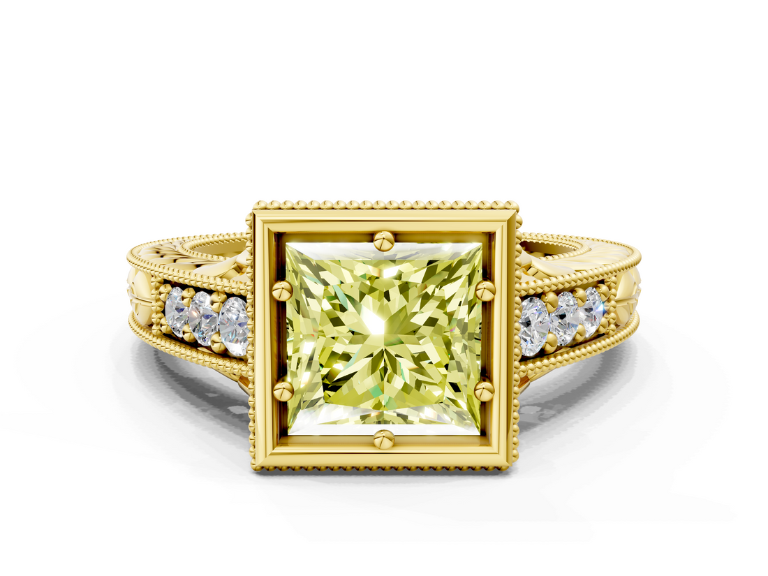 Yellow gold Bezel Set Fancy Yellow Princess  Diamond Milgrain Pave Engagement Ring