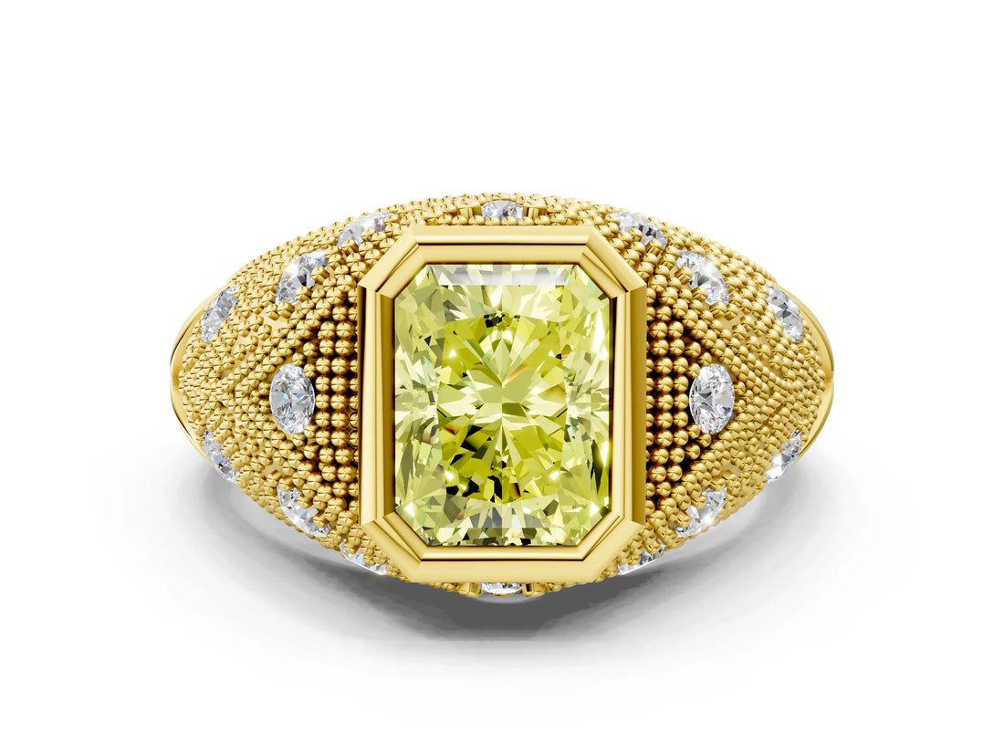 Yellow gold Bezel Set Fancy Yellow Radiant Cut Diamond Milgrain Band Ring