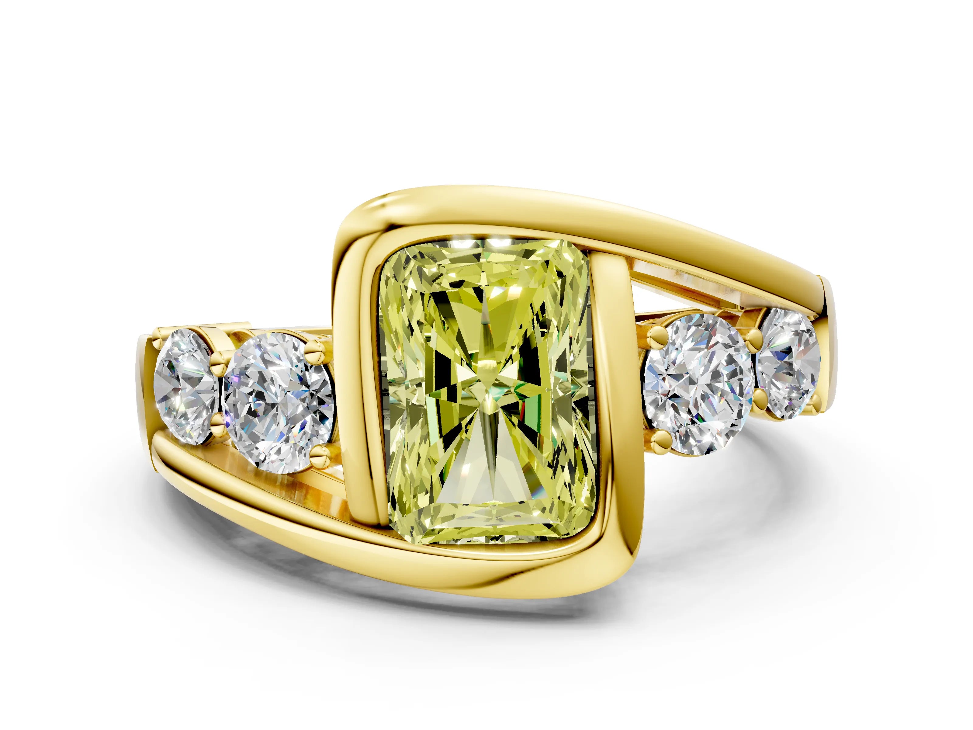 Yellow gold Bezel Set Fancy Yellow Radiant Cut Diamond Split Shank Ring
