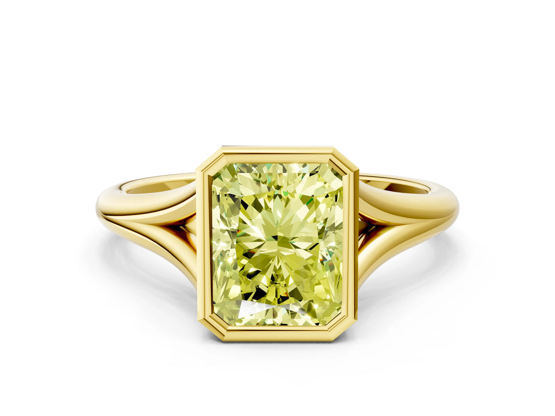 Yellow gold Bezel Set Fancy Yellow Radiant  Cut Solitaire Ring with Tapered Band