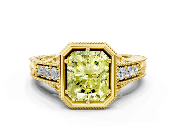 Yellow gold Bezel Set Fancy Yellow Radiant  Diamond Milgrain Pave Engagement Ring