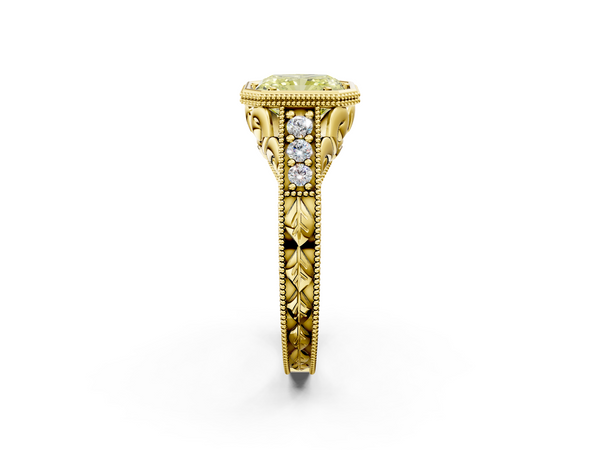 Yellow gold Bezel Set Fancy Yellow Radiant  Diamond Milgrain Pave Engagement Ring