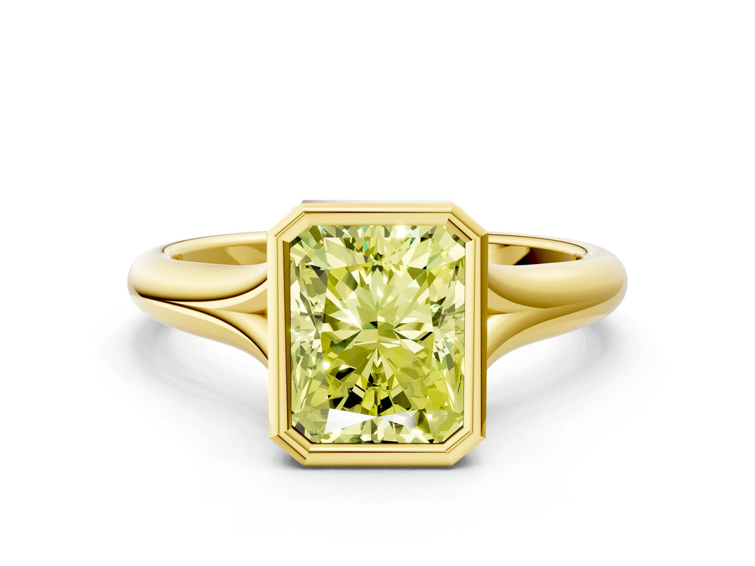 Yellow gold Bezel Set Fancy Yellow Radiant  Solitaire Diamond Ring with Smooth Band 1