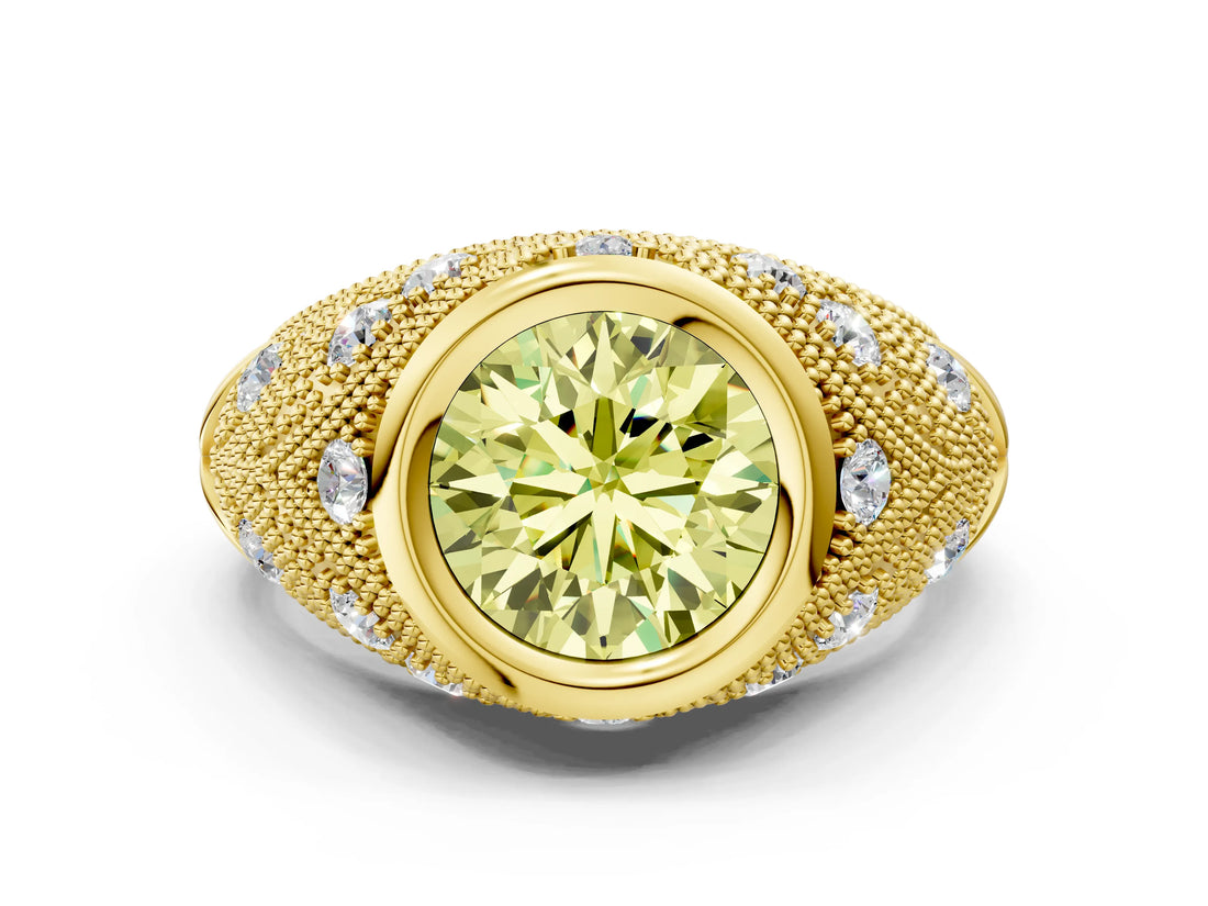 Yellow gold Bezel Set Fancy Yellow Round Cut Diamond Milgrain Band Ring
