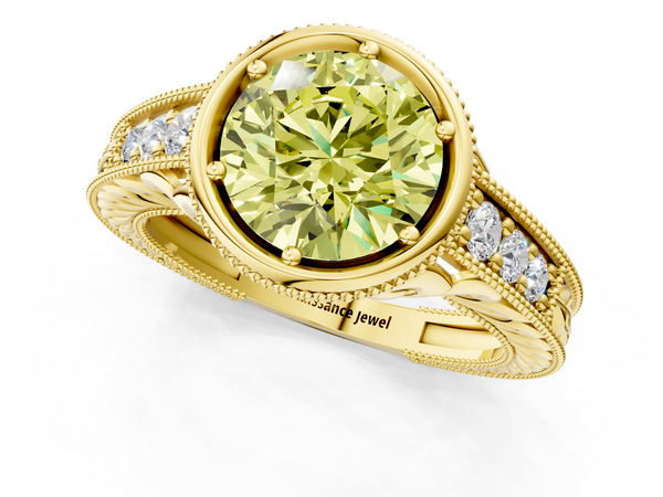 Yellow gold Bezel Set Fancy Yellow Round  Diamond Milgrain Pave Engagement Ring