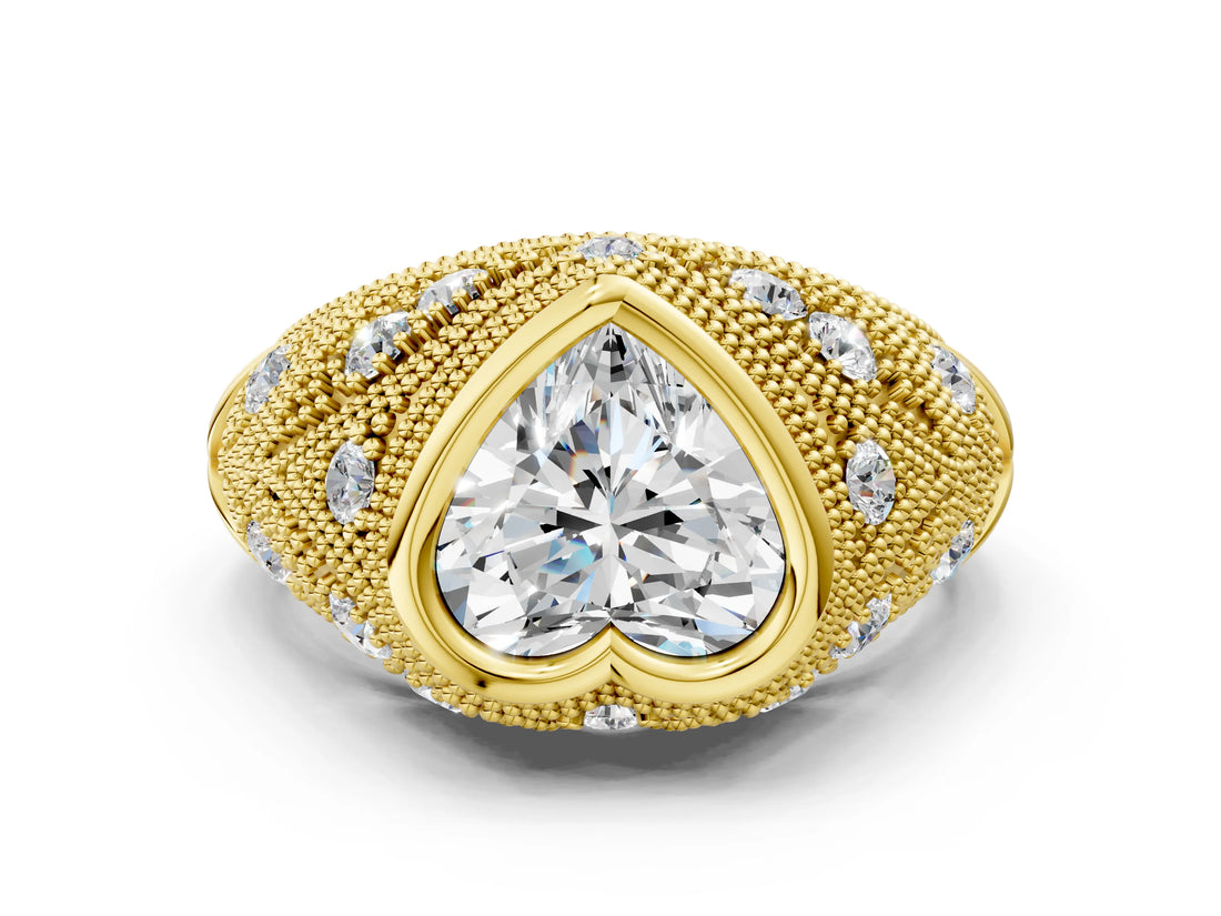 Yellow gold Bezel Set Heart Cut Diamond Milgrain Band Ring_13