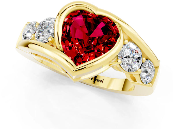 Yellow gold Bezel Set Heart Cut Ruby Bypass Ring with Round  Accents