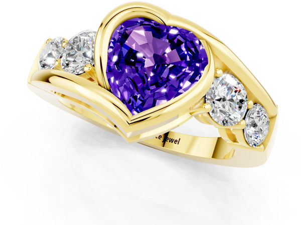 Yellow gold Bezel Set Heart Cut Tanzanite Bypass Ring with Round  Accents