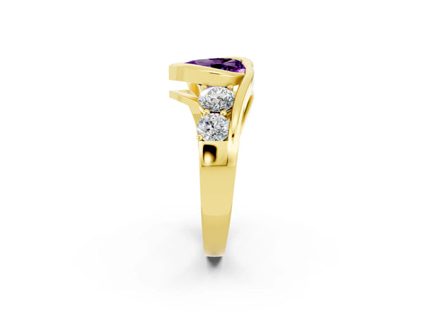Yellow gold Bezel Set Heart Cut Amethyst Bypass Ring with Round  Accents