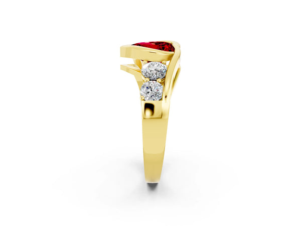 Yellow gold Bezel Set Heart Cut Ruby Bypass Ring with Round  Accents