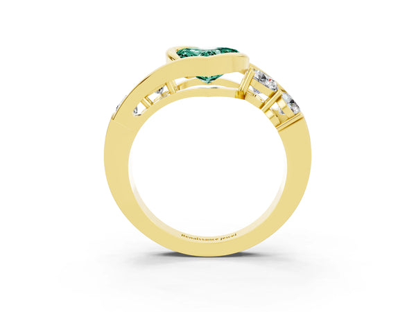 Yellow gold Bezel Set Heart Cut Green Sapphire Bypass Ring with Round  Accents
