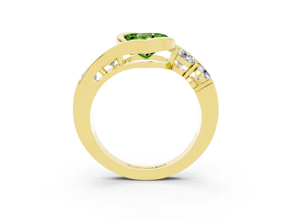 Yellow gold Bezel Set Heart Cut Peridot Bypass Ring with Round  Accents