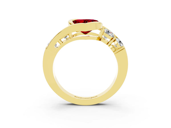 Yellow gold Bezel Set Heart Cut Ruby Bypass Ring with Round  Accents