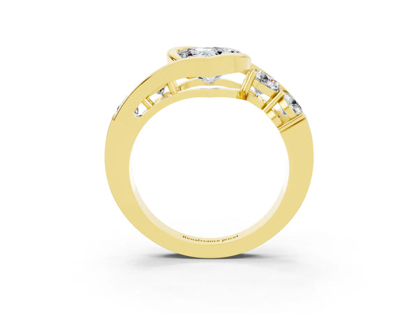 Yellow gold Bezel Set Heart Cut Moissanite Bypass Ring with Round  Accents