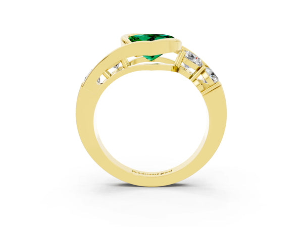 Yellow gold Bezel Set Heart Cut Emerald Bypass Ring with Round  Accents