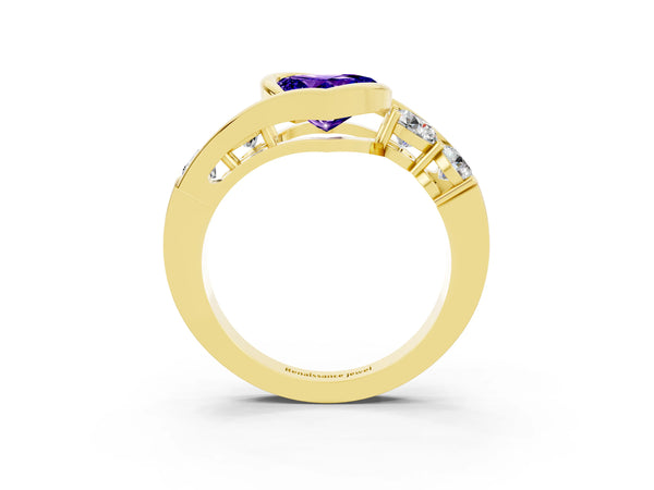 Yellow gold Bezel Set Heart Cut Tanzanite Bypass Ring with Round  Accents