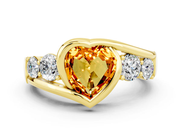 Yellow gold Bezel Set Heart Cut Citrine Bypass Ring with Round  Accents