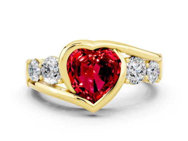 Yellow gold Bezel Set Heart Cut Ruby Bypass Ring with Round  Accents