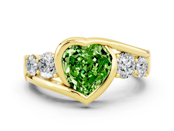 Yellow gold Bezel Set Heart Cut Peridot Bypass Ring with Round  Accents