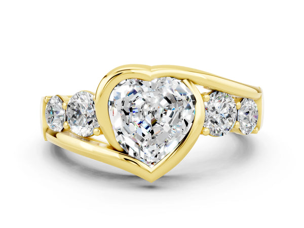 Yellow gold Bezel Set Heart Cut Moissanite Bypass Ring with Round  Accents