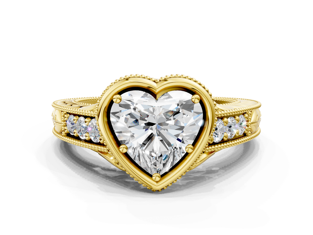 Yellow gold Bezel Set Heart Diamond Milgrain Pave Engagement Ring_32