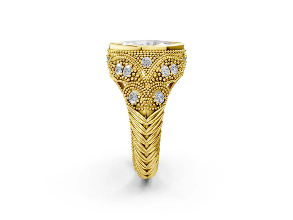 Yellow Gold Marquise Vintage Bezel Engagement Ring Setting with Beaded Milgrain Shoulders