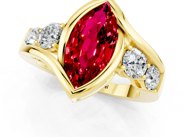 Yellow gold Bezel Set Marquise Cut Ruby Bypass Ring with Round  Accents