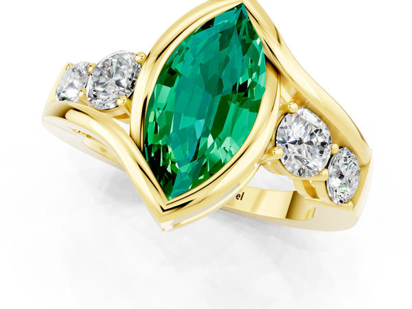 Yellow gold Bezel Set Marquise Cut Emerald Bypass Ring with Round  Accents