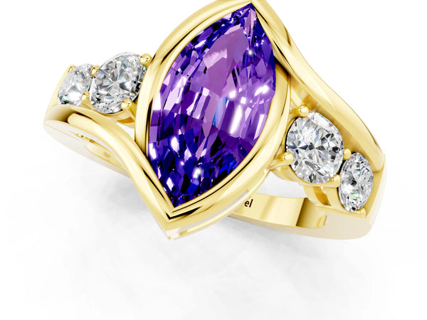 Yellow gold Bezel Set Marquise Cut Tanzanite Bypass Ring with Round  Accents
