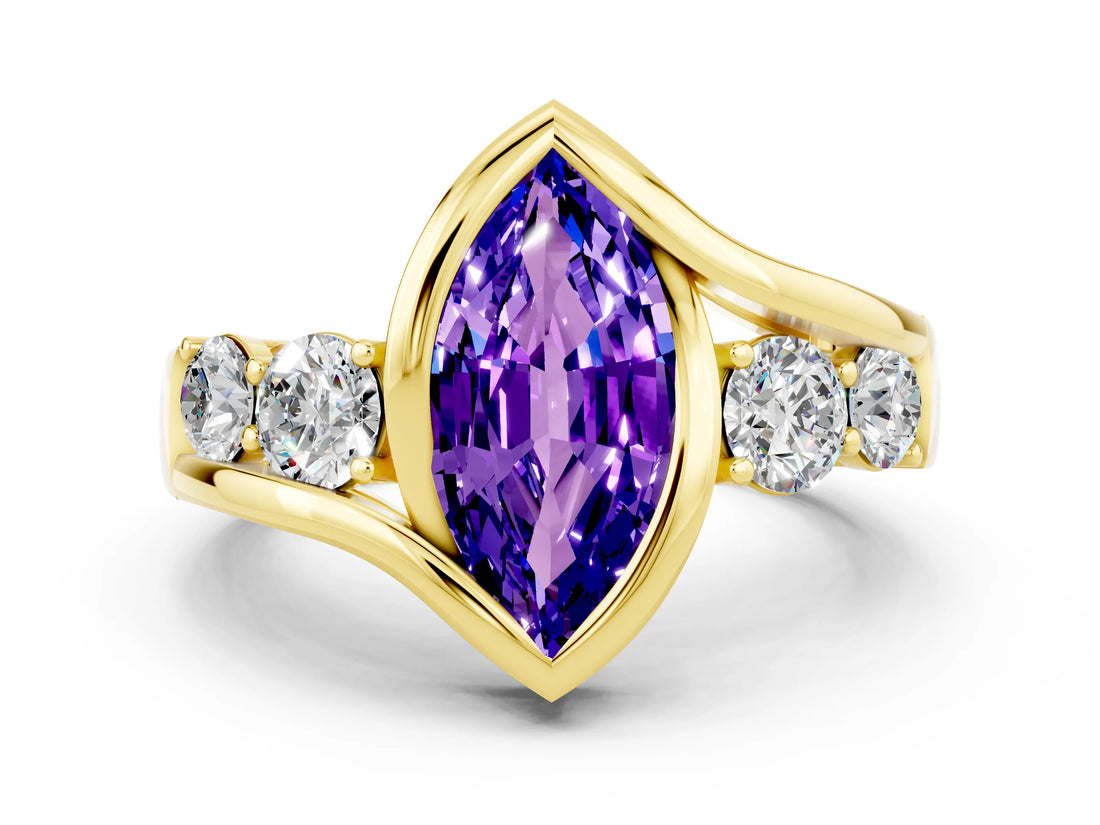 Yellow gold Bezel Set Marquise Cut Diamond Split Shank Ring