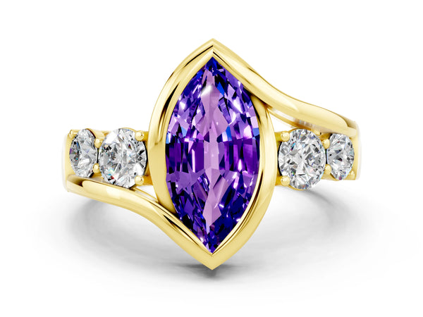 Yellow gold Bezel Set Marquise Cut Tanzanite Bypass Ring with Round  Accents