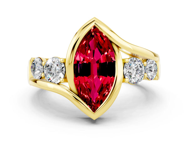 Yellow gold Bezel Set Marquise Cut Ruby Bypass Ring with Round  Accents