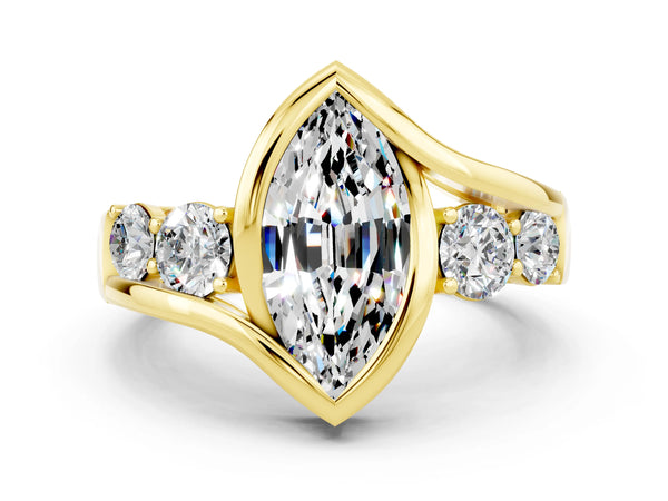Yellow gold Bezel Set Marquise Cut Moissanite Bypass Ring with Round  Accents