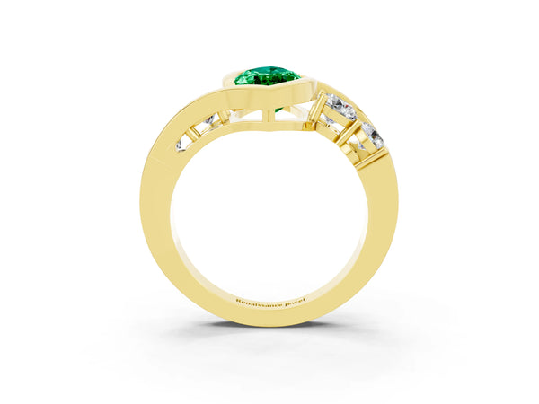 Yellow gold Bezel Set Marquise Cut Emerald Bypass Ring with Round  Accents