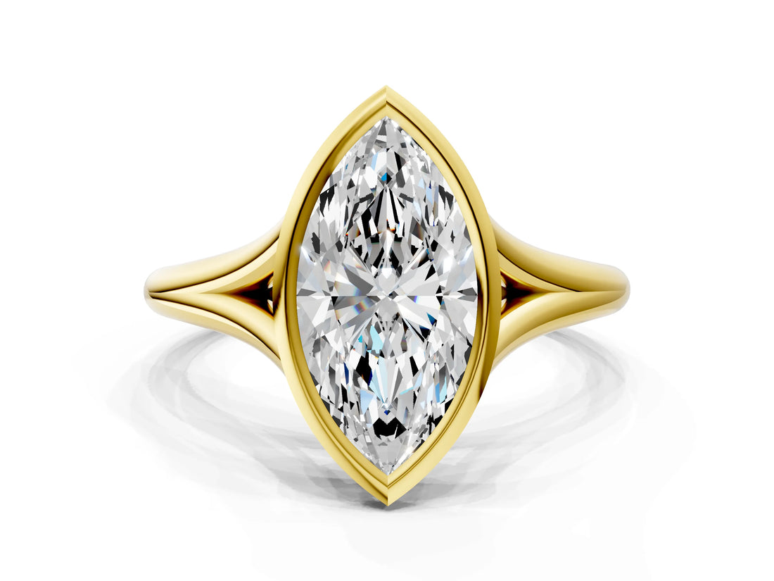 Yellow gold Bezel Set Marquise Cut Solitaire Ring with Tapered Band