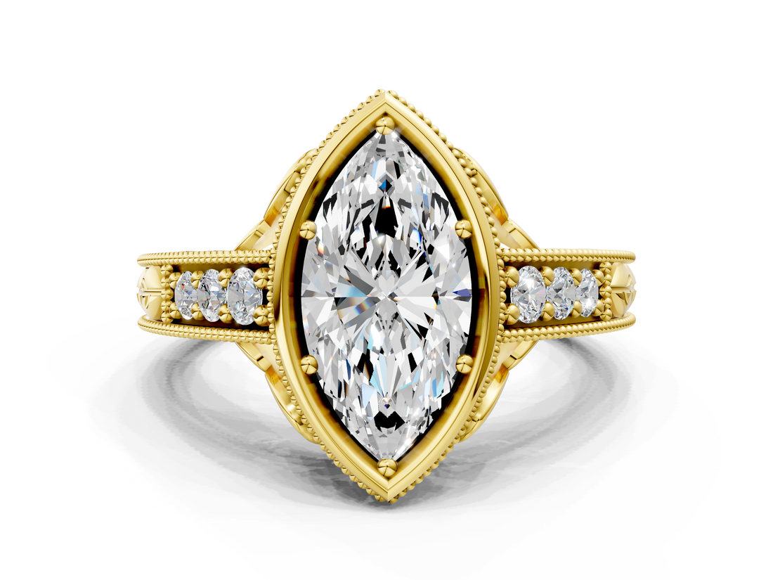 Yellow gold Bezel Set Marquise Diamond Milgrain Pave Engagement Ring_37