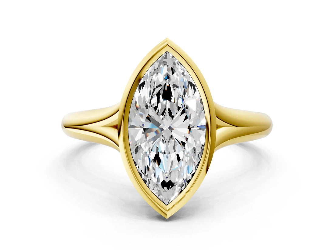 Yellow gold Bezel Set Marquise Solitaire Diamond Ring with Smooth Band 1