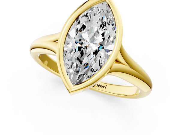 Yellow gold Bezel Set Marquise Solitaire Diamond Ring with Smooth Band