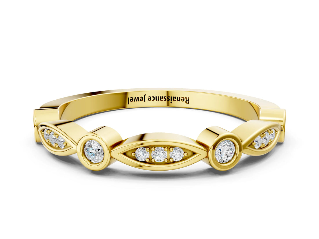 Yellow gold Bezel Set Marquise and Round Diamond Contour Band_9